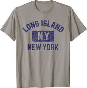 Long Island NY Gym Style Distressed Dark Blue Print T-Shirt - T-Shirt | Sand