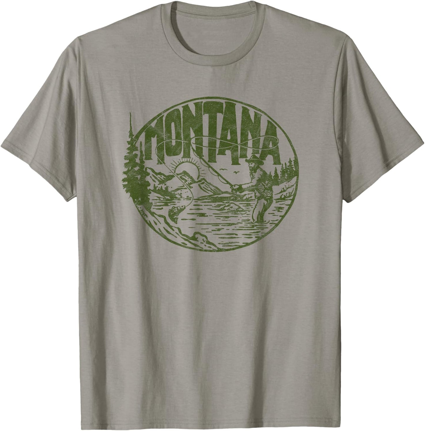 Montana Vintage Fly Fishing Retro Trout Stream Outdoor T-Shirt - T-Shirt | Sand