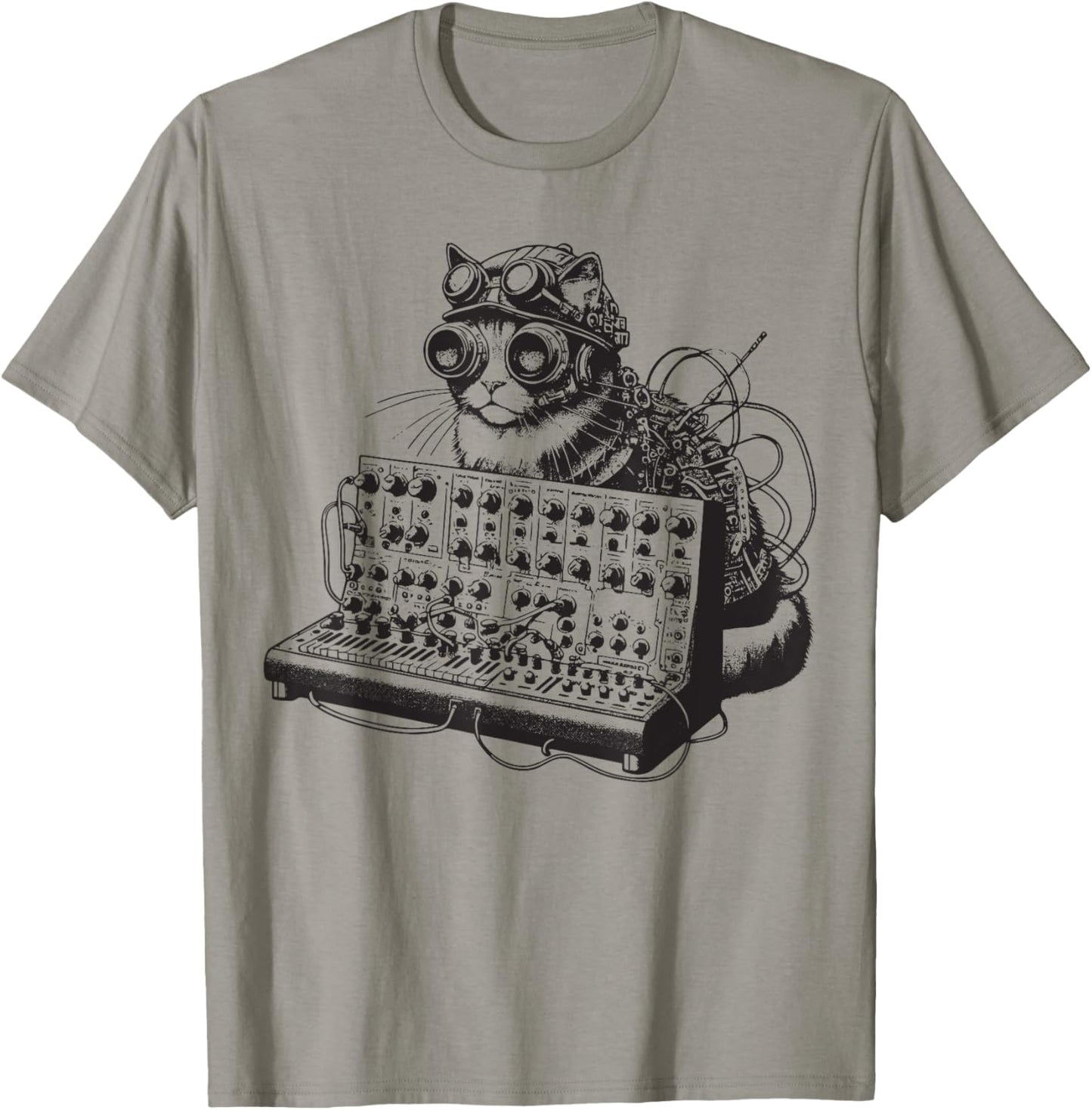 Steampunk Cat playing Synthesizer Synth Kitten Techno Music Men Women T-Shirt - T-Shirt | Sand