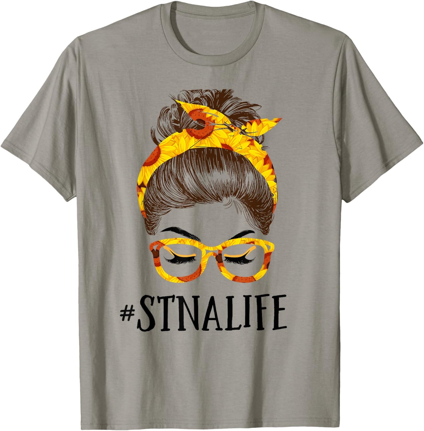 Messy Hair Bun STNA Life Sunflowers headband Mothers Day T-Shirt - T-Shirt | Sand