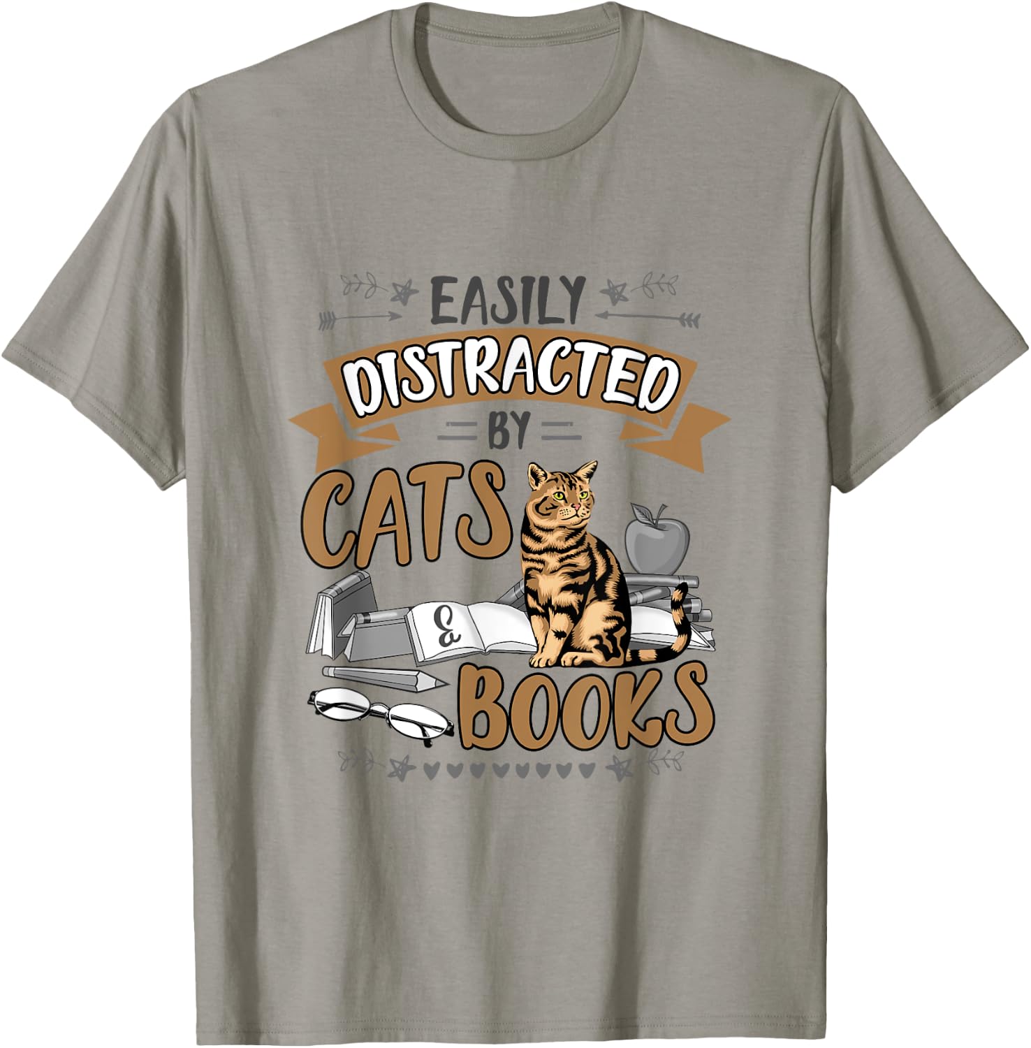 Easily Distracted by Cats and Books Men Women Cat Lovers T-Shirt - T-Shirt | Sand