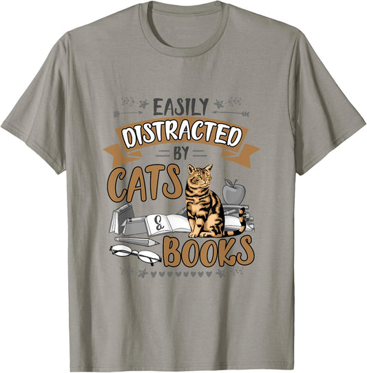 Easily Distracted by Cats and Books Men Women Cat Lovers T-Shirt - T-Shirt | Sand