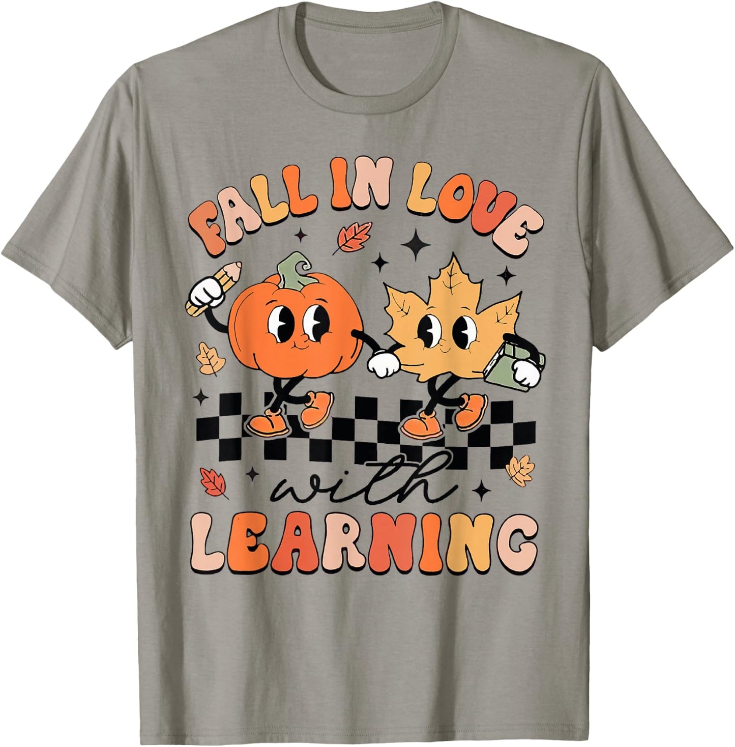 Retro Fall In Love With Learning Autumn Pumpkin Teacher T-Shirt - T-Shirt | Sand