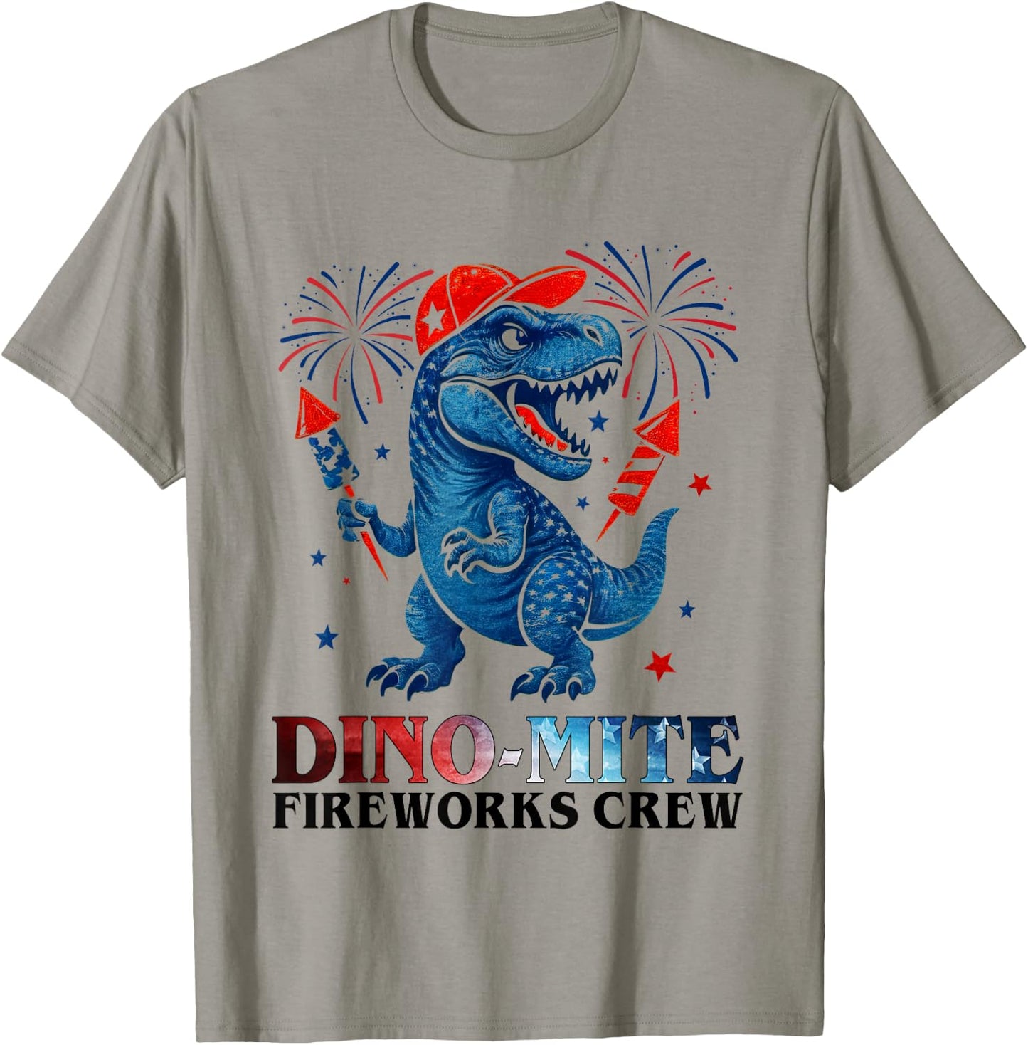 Dino-Mite Fireworks Crew Dinosaur USA Flag 4th Of July Kids T-Shirt - T-Shirt | Sand