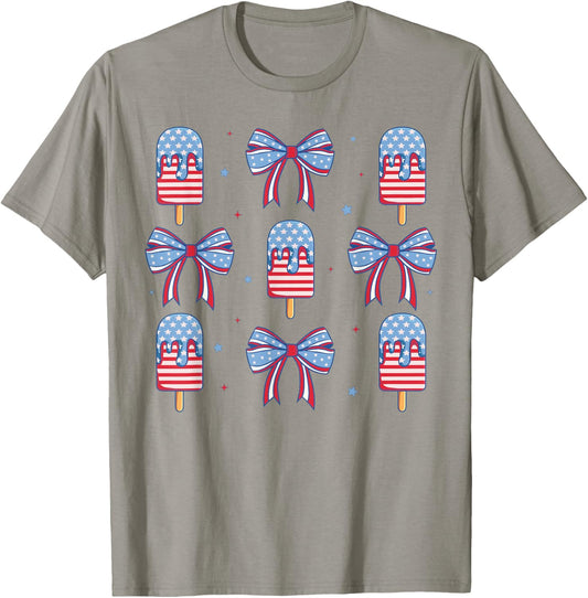 4th of July Cute Popsicle Bows Patriotic Women Kids T-Shirt - T-Shirt | Sand