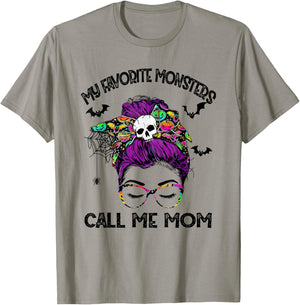 My Favorite Monsters Call Me Mom Messy Bun Happy Halloween T-Shirt - T-Shirt | Sand