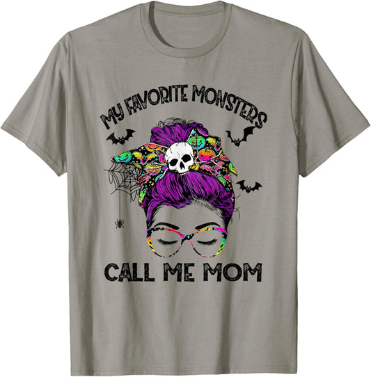 My Favorite Monsters Call Me Mom Messy Bun Happy Halloween T-Shirt - T-Shirt | Sand