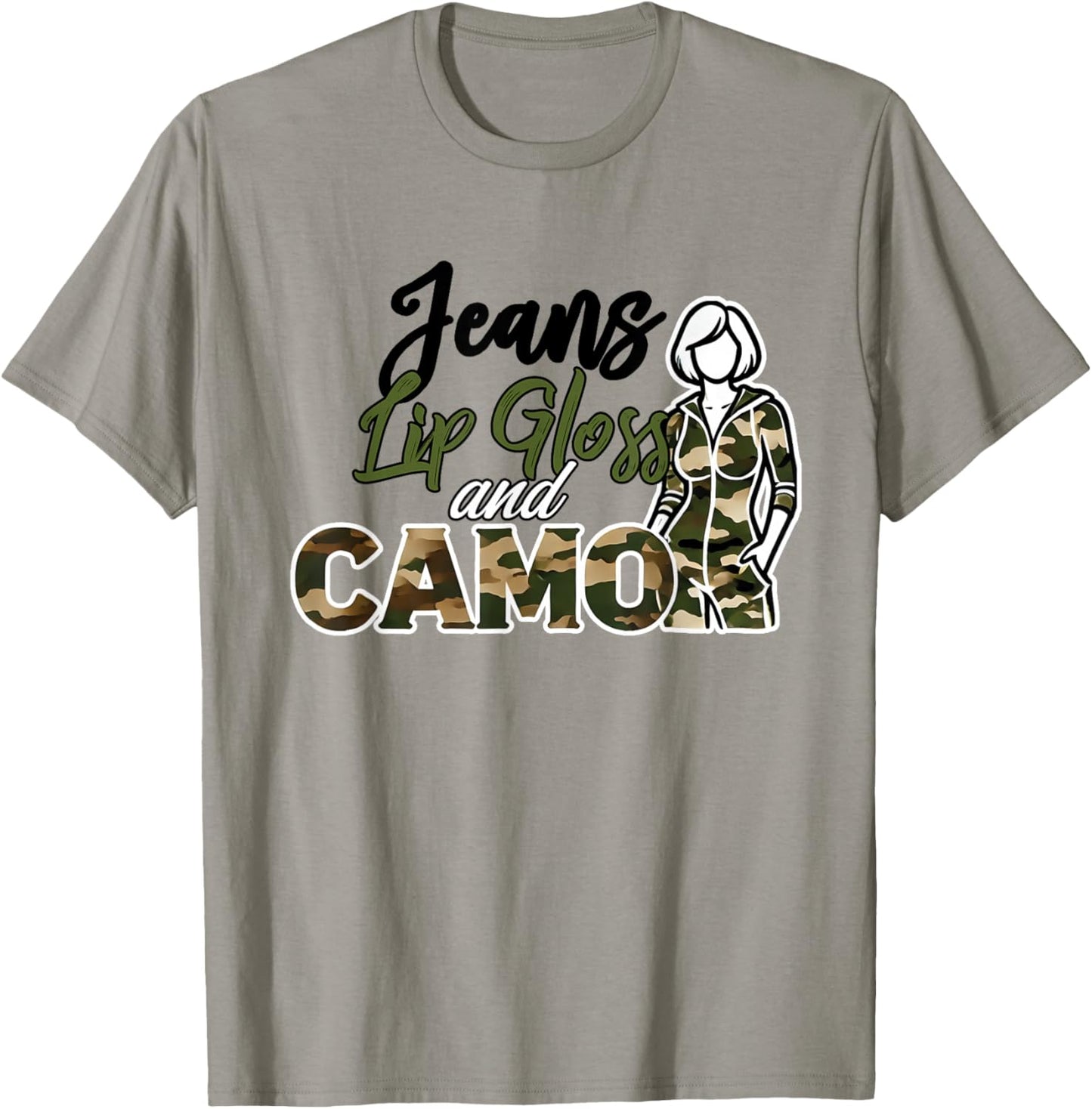 Jeans Lip Gloss Camo Sayings Graphic Orange T-Shirt - T-Shirt | Sand