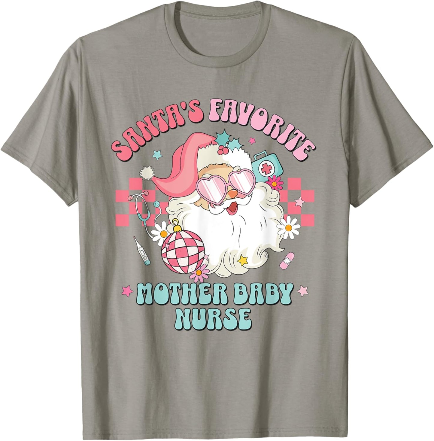 Retro Pink Christmas Santa's Favorite Mother Baby Nurse L&D T-Shirt - T-Shirt | Sand