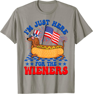 Im Just Here For Wieners Dachshund Dog Hotdog Fourth of July Men Women T-Shirt - T-Shirt | Sand