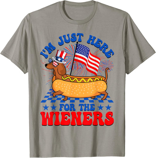 Im Just Here For Wieners Dachshund Dog Hotdog Fourth of July Men Women T-Shirt - T-Shirt | Sand