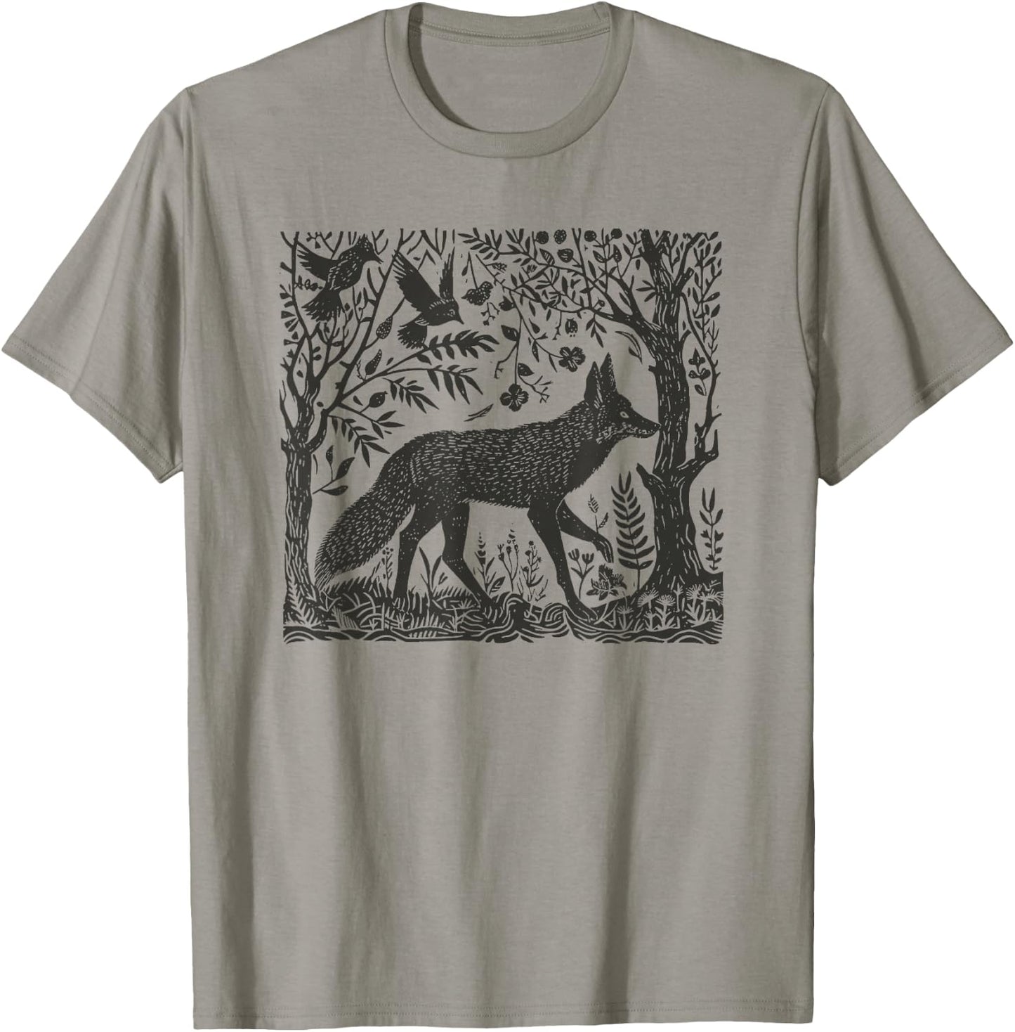 Folklore Forest Fox Lino Print T-Shirt - T-Shirt | Sand