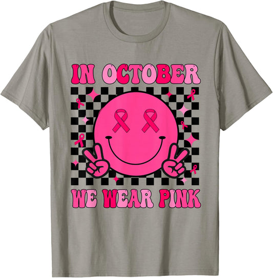 Groovy Breast Cancer Awareness In October We Wear Pink T-Shirt - T-Shirt | Sand