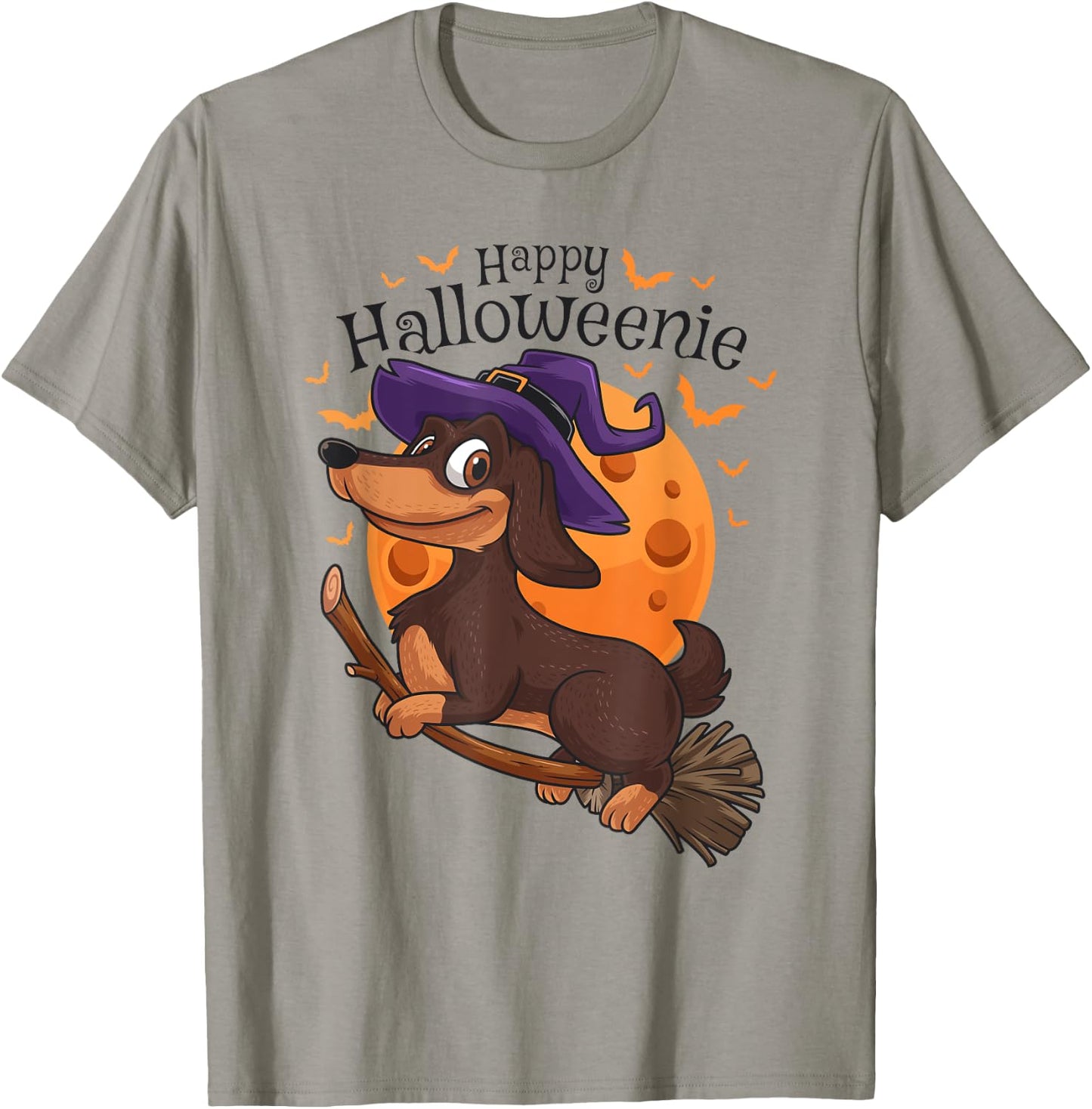 Happy Halloweenie Dachshund Viennese Dog Halloween Witch Broom T-Shirt - T-Shirt | Sand