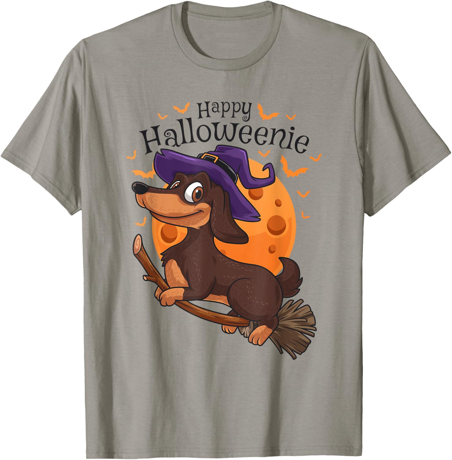 Happy Halloweenie Dachshund Viennese Dog Halloween Witch Broom T-Shirt - T-Shirt | Sand