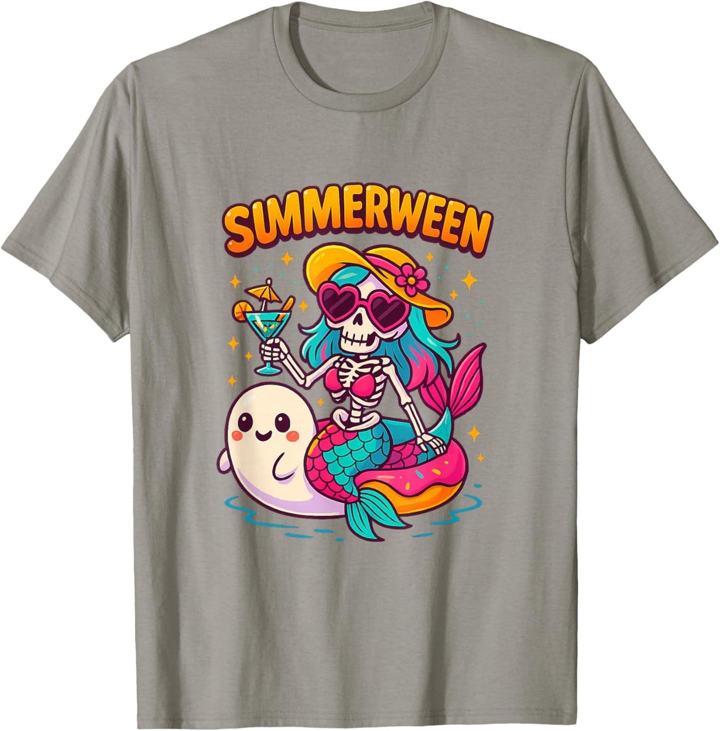 Cute Summerween Mermaid Skeleton Beach Halloween Girl T-Shirt - T-Shirt | Sand