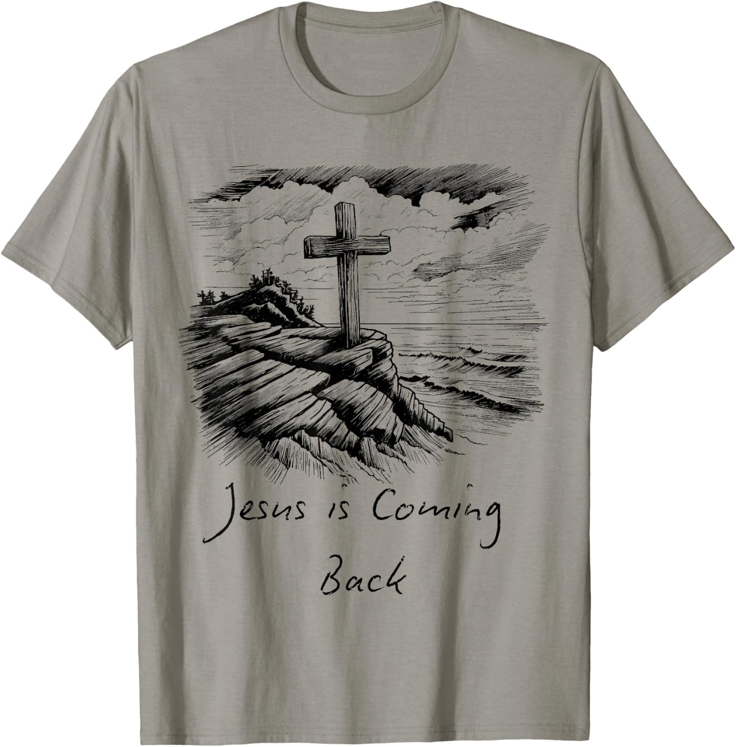 Jesus is coming Back sketch Drawing Cross Christian white T-Shirt - T-Shirt | Sand