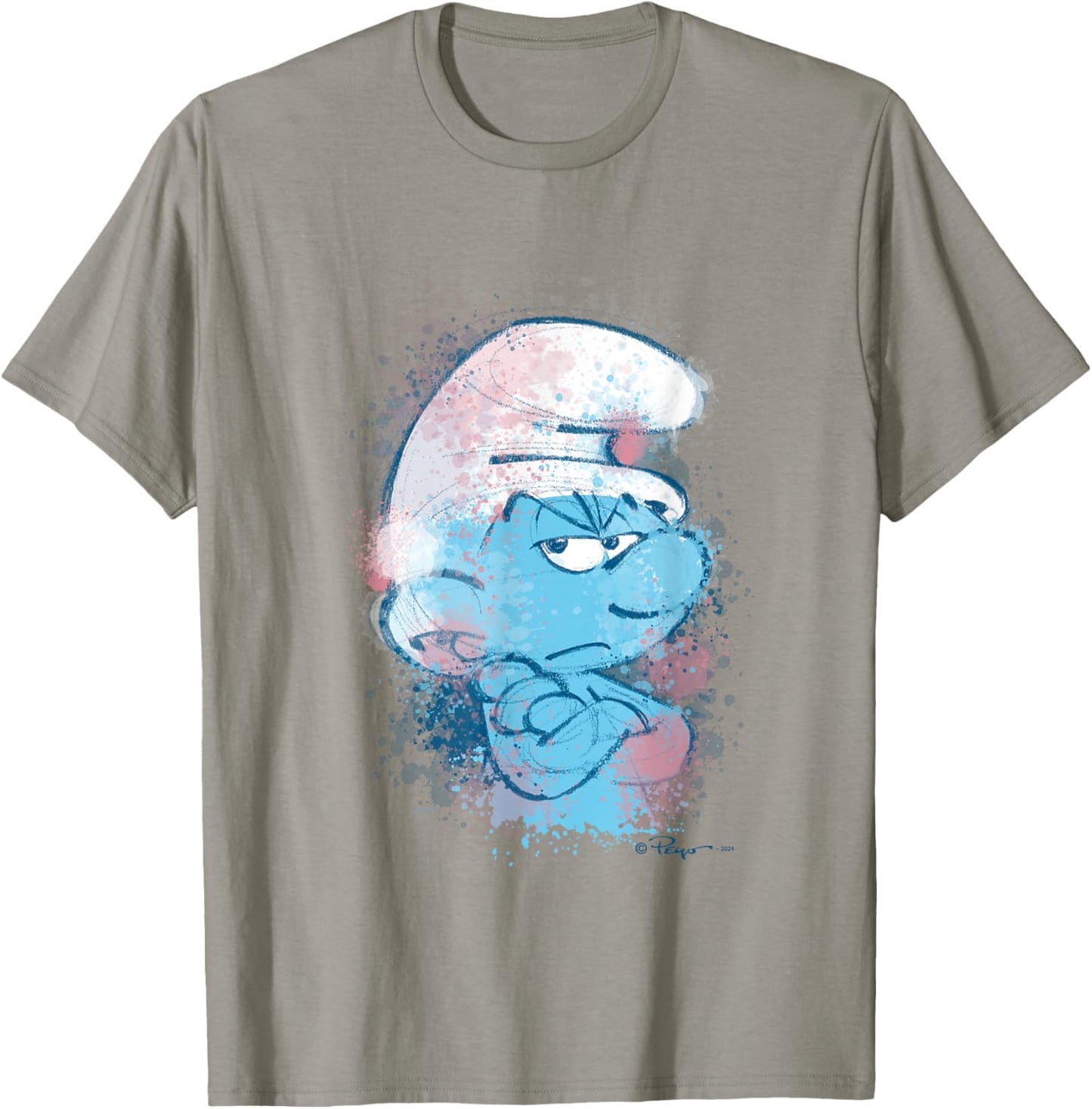 The Smurfs Grouchy Smurf Watercolor Portrait Distressed T-Shirt - T-Shirt | Sand