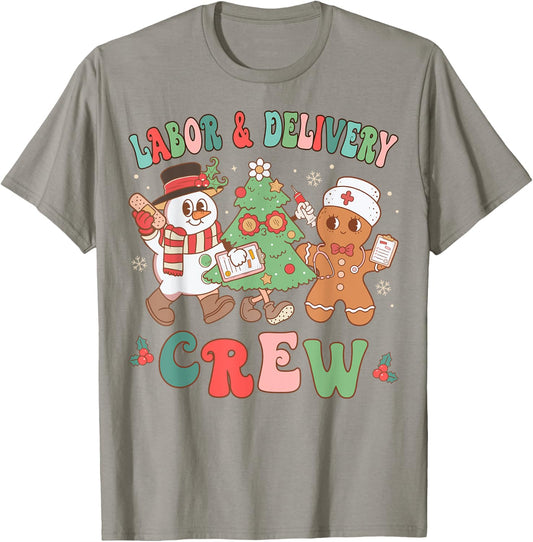 Labor & Delivery Nurse Crew Christmas Tree Retro Nurse T-Shirt - T-Shirt | Sand