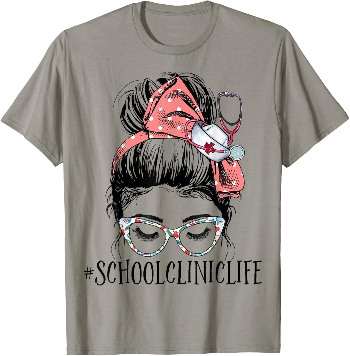 School Clinic Life Funny Messy Bun Woman School Nurse T-Shirt - T-Shirt | Sand