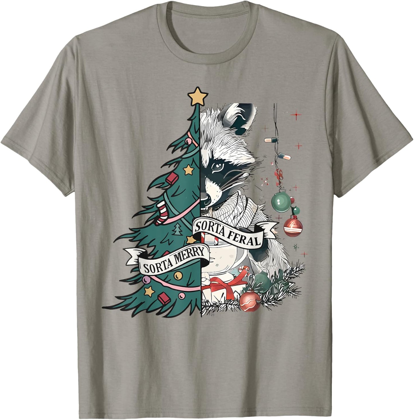 Funny Christmas Sorta Merry Sorta Feral Raccoon Xmas Tree T-Shirt - T-Shirt | Sand