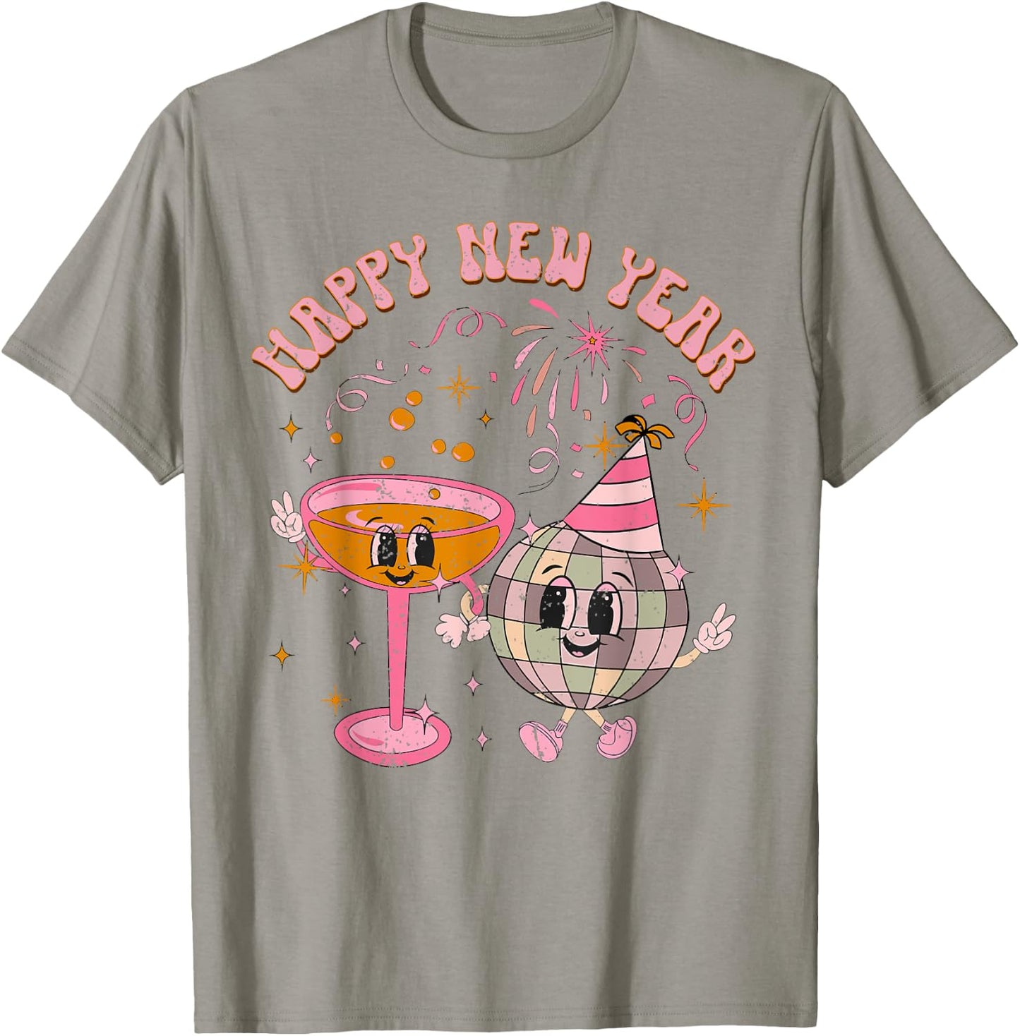 Happy New Year 2025 Disco Ball Wine Glass Cheers Drink Party T-Shirt - T-Shirt | Sand