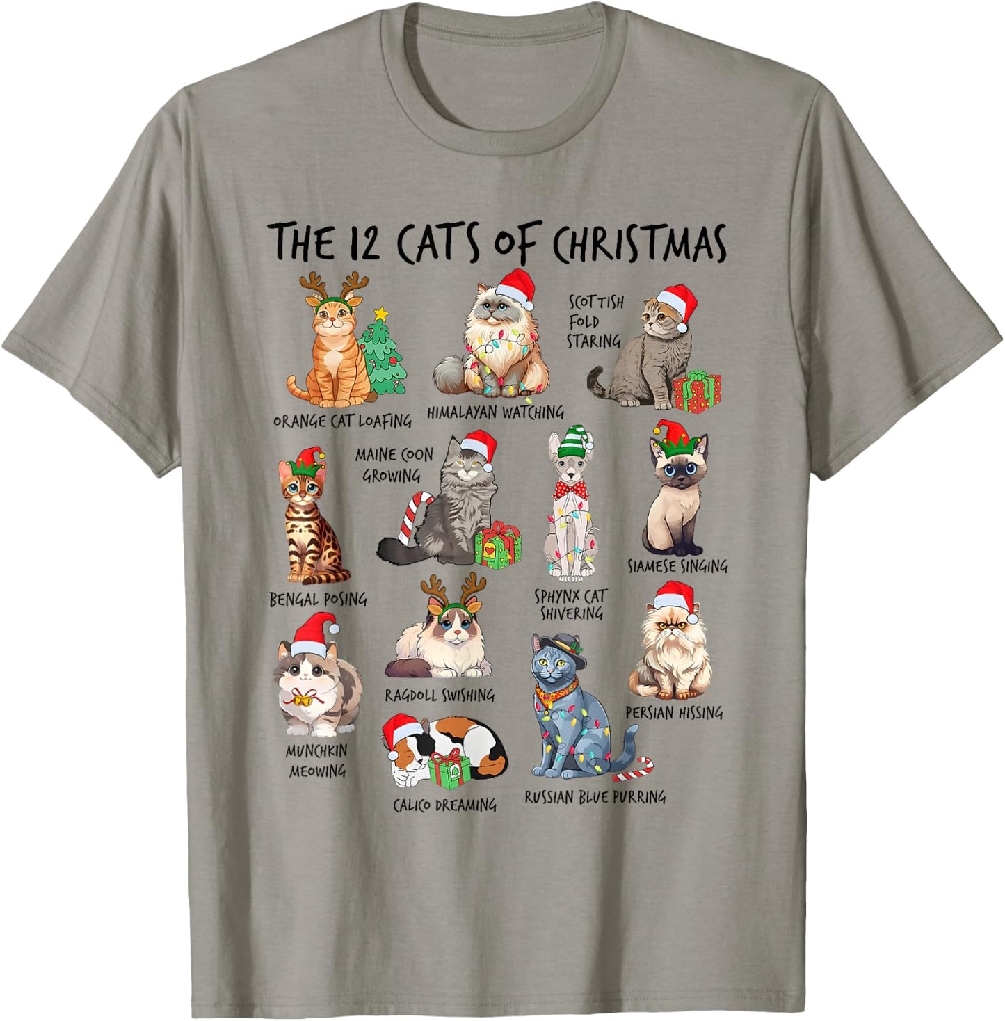 12 Cats of Christmas Funny Christmas Cat Lover Xmas Holiday Men Women Kids T-Shirt - T-Shirt | Sand