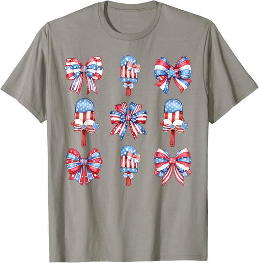 4th of July Cute Popsicle Bows Patriotic Women Kids T-Shirt - T-Shirt | Sand