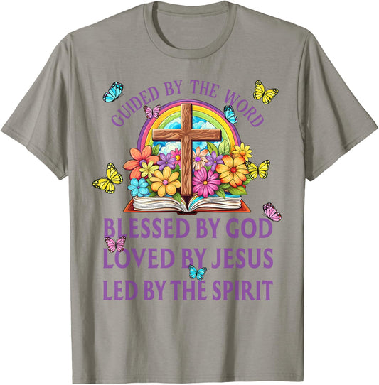 Guided By The Bible Blessed By God Loved By Jesus Christian T-Shirt - T-Shirt | Sand
