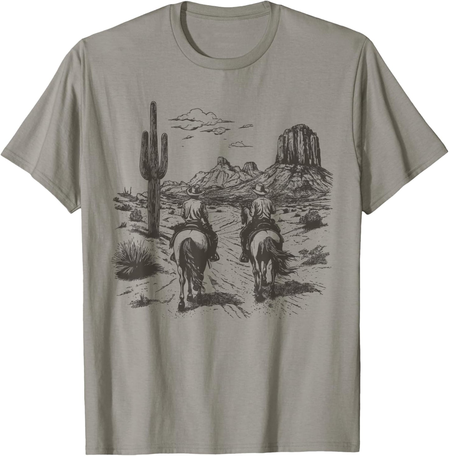 Vintage Cowboy Riding Horse Western Desert Mountain Country T-Shirt - T-Shirt | Sand