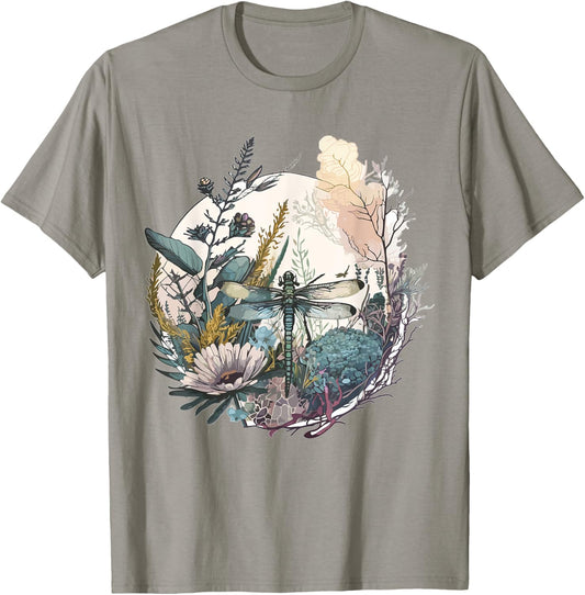Cute Cottagecore Floral Dragonfly Aesthetic Girls Graphic T-Shirt - T-Shirt | Sand