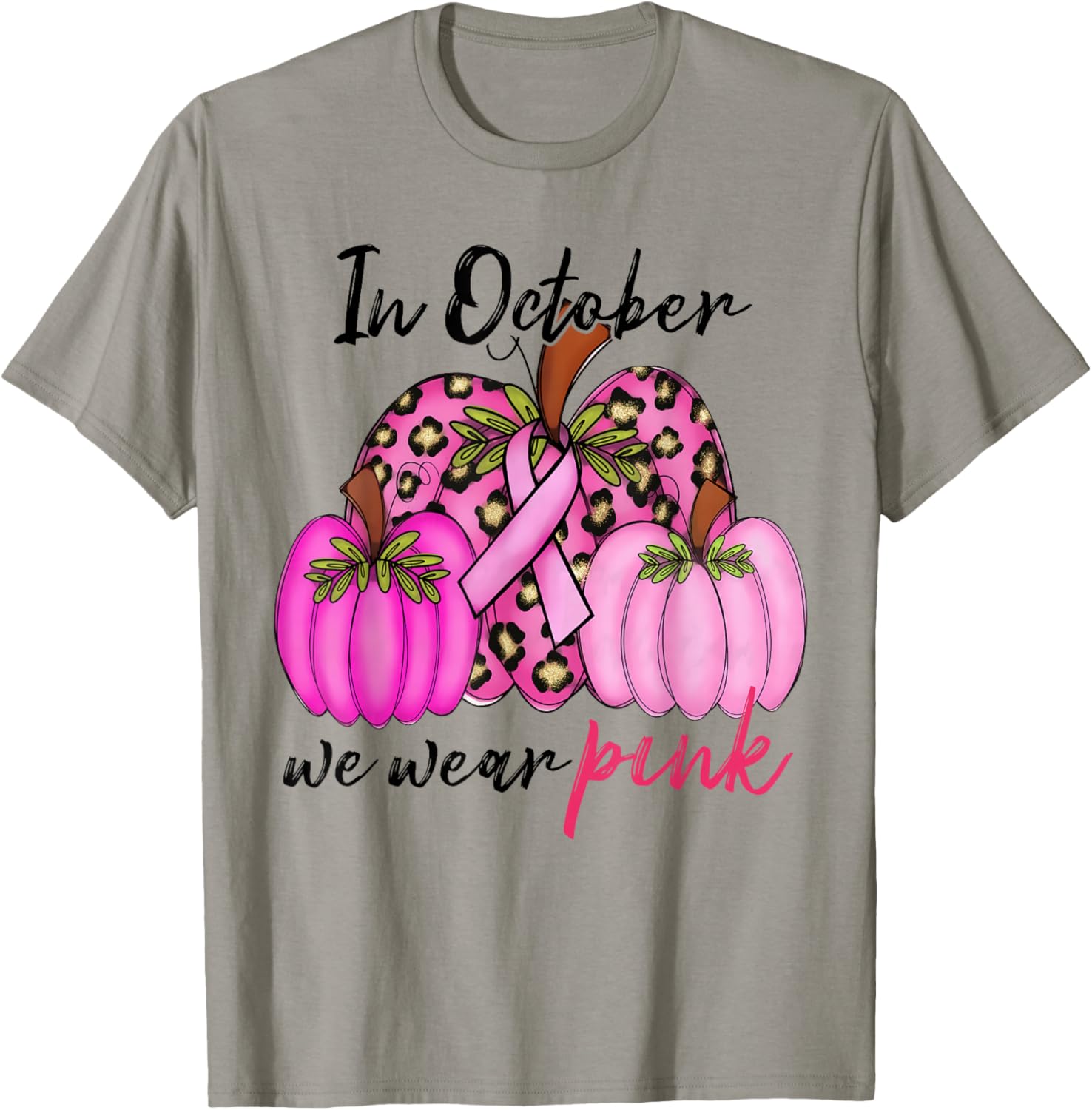 In October We Wear Pink Pumpkin Leopard Breast Cancer T-Shirt - T-Shirt | Sand