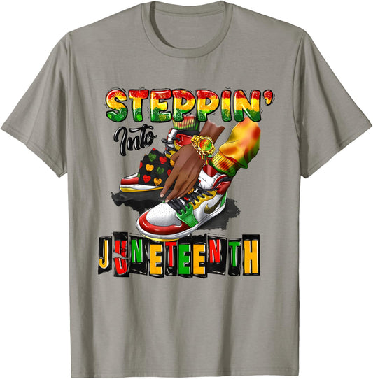 Stepping Into Juneteenth Afro Woman Black Girls Sneakers Men T-Shirt - T-Shirt | Sand