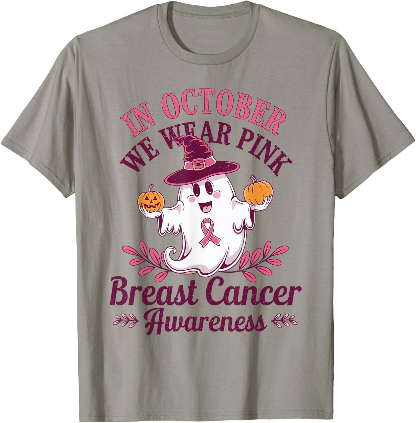 In October We Wear Pink Breast Cancer Awareness Pumpkins T-Shirt - T-Shirt | Sand