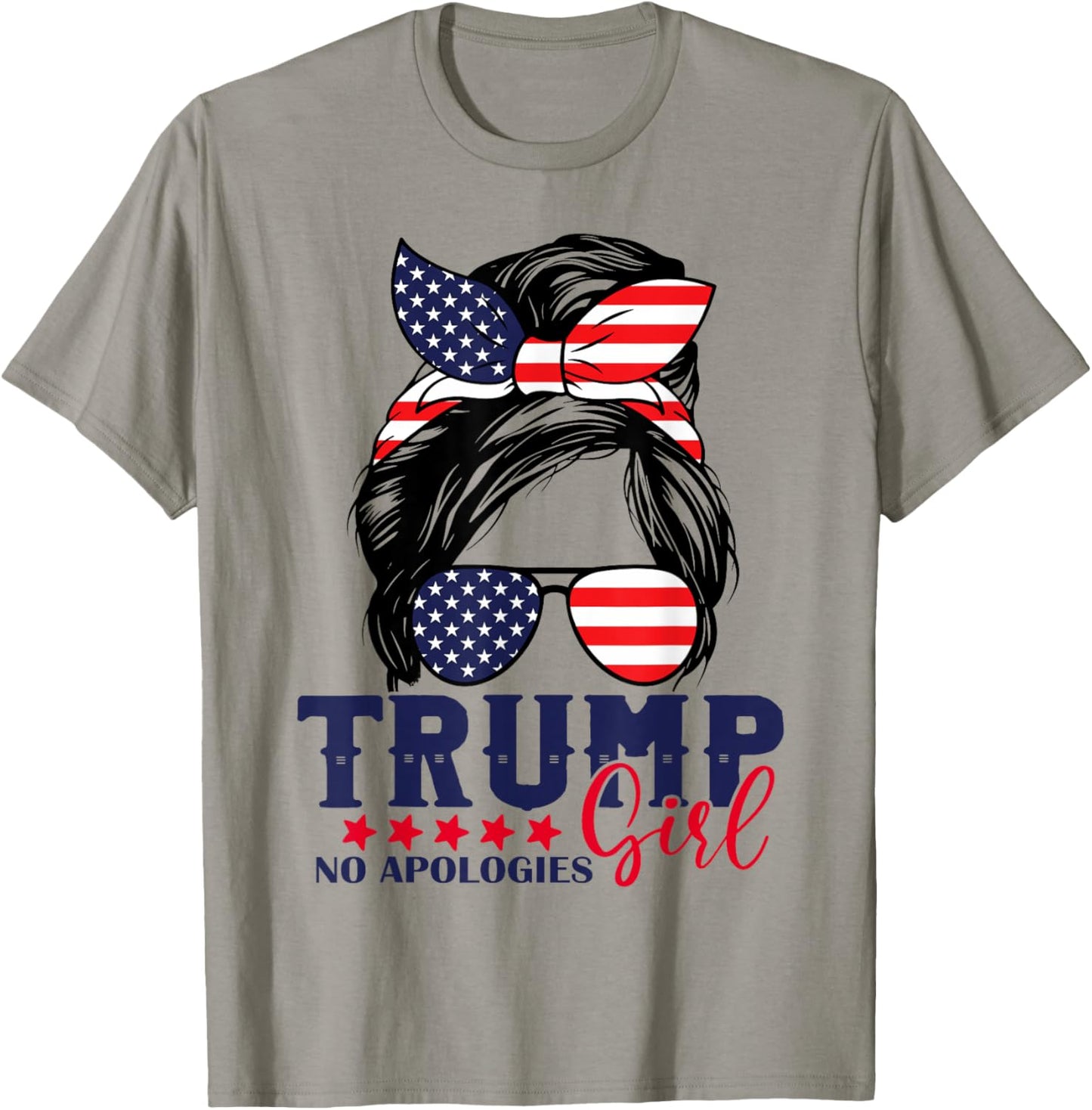 Trump Girl No Apologies Messy Bun Trump 2024 American Flag T-Shirt - T-Shirt | Sand