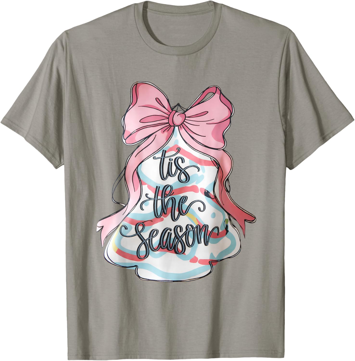 Funny Christmas Outfit Women Kids Pink Christmas Tree Cake Coquette Bow Xmas Pajamas Funny T-Shirt - T-Shirt | Sand