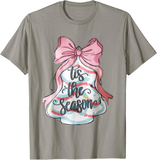 Funny Christmas Outfit Women Kids Pink Christmas Tree Cake Coquette Bow Xmas Pajamas Funny T-Shirt - T-Shirt | Sand