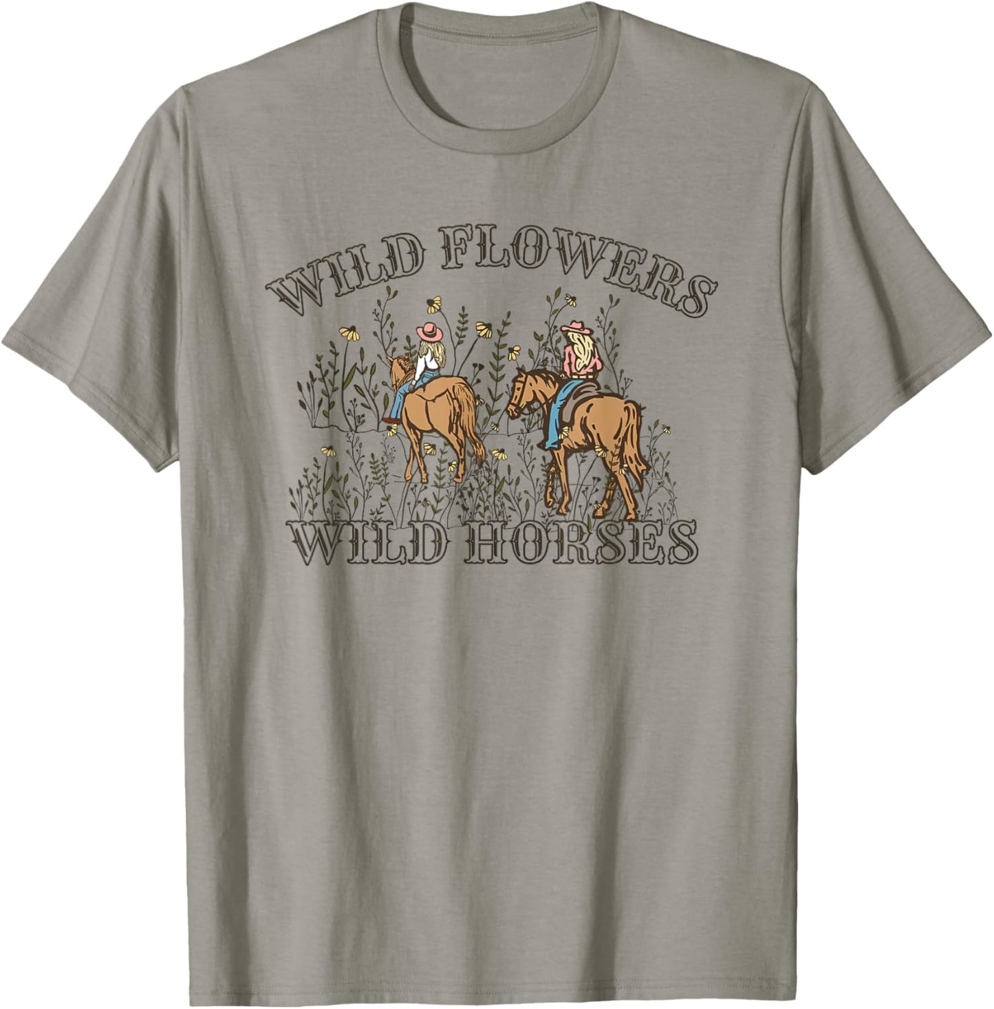 Sunset Cowgirl Riding Horse Wild Flowers - Wild Horses T-Shirt - T-Shirt | Sand