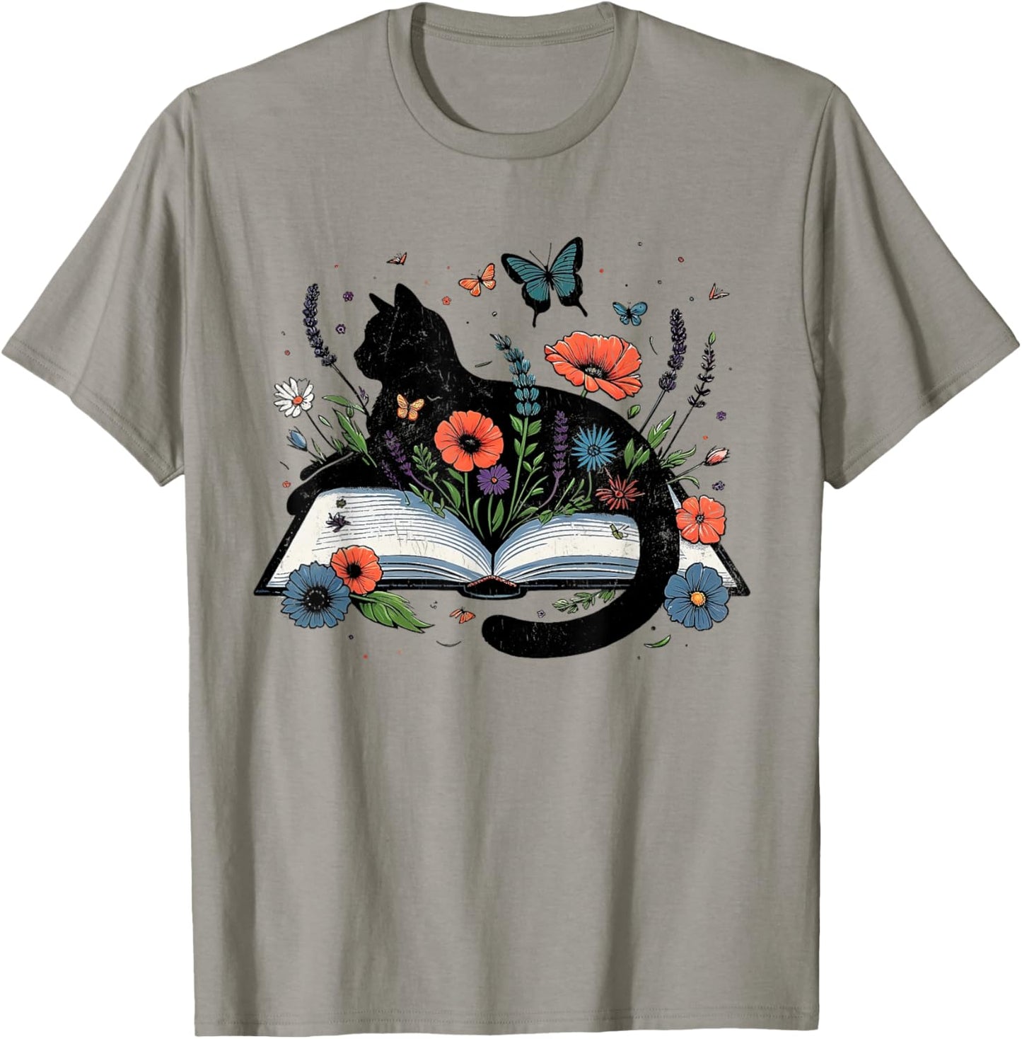Retro Cute Cat Floral Book Librarian Vintage Floral Cat Book T-Shirt - T-Shirt | Sand