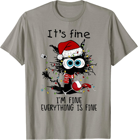 I'm Fine This Is Fine Everything Is Fine Black Cat Christmas T-Shirt - T-Shirt | Sand