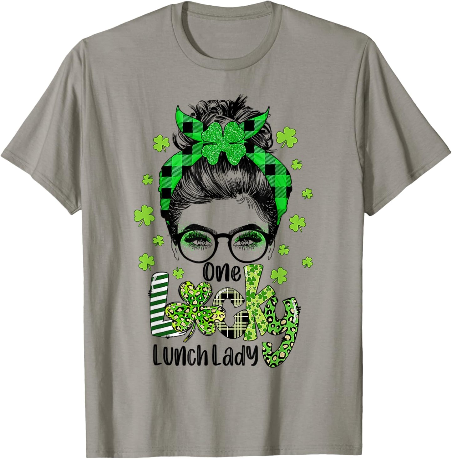 One Lucky Lunch Lady Shamrock Messy Bun Funny St Patrick Day T-Shirt - T-Shirt | Sand