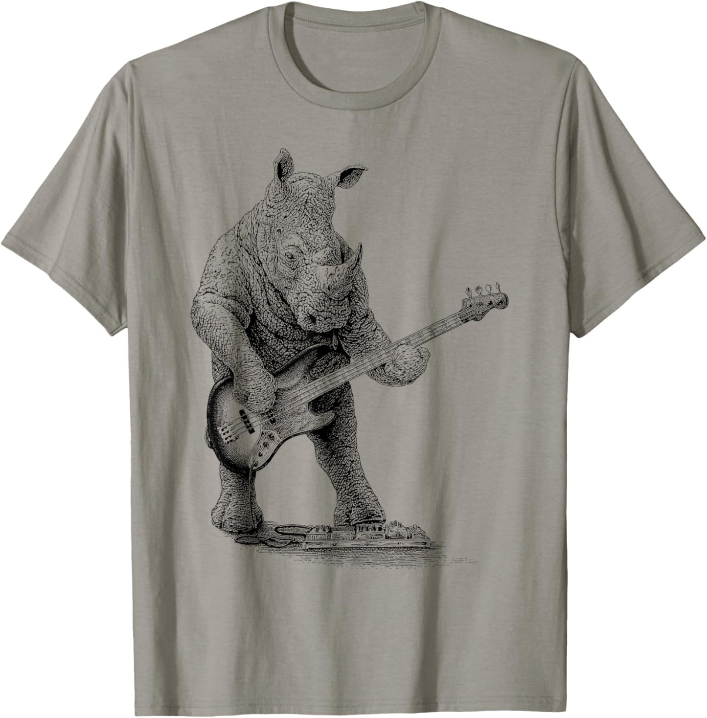 Vintage Rhinoceros Playing Bass Rhino Bass Guitar Funny T-Shirt - T-Shirt | Sand