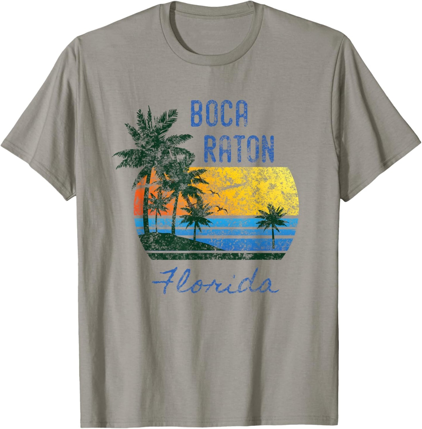 Retro Cool Boca Raton FL Distressed Palm Tree Sunset Novelty T-Shirt - T-Shirt | Sand