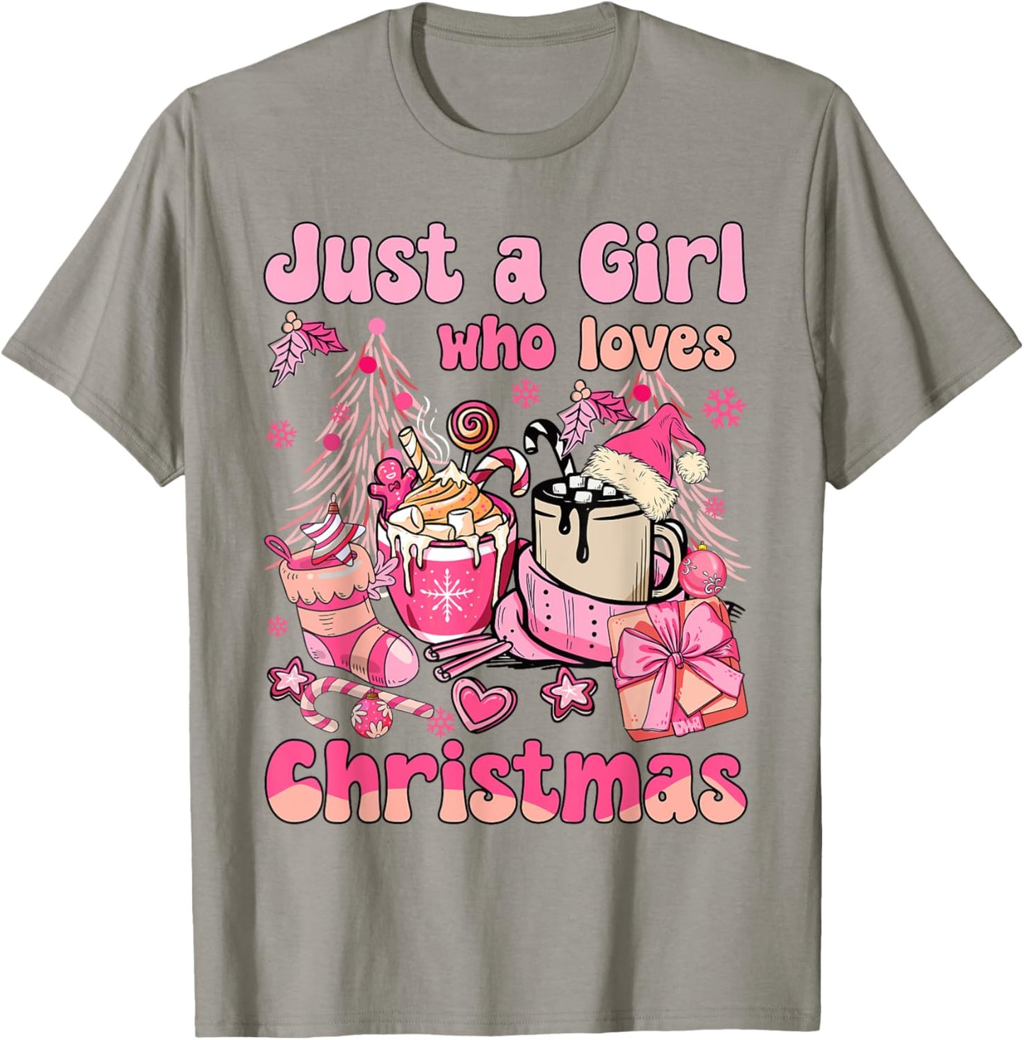Just A Girl Who Loves Pink Christmas Santa Claus And Coffee T-Shirt - T-Shirt | Sand