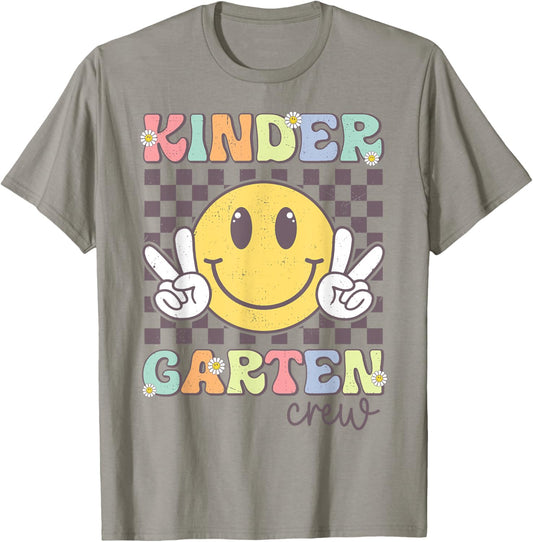 Kindergarten Crew Smile Face Teachers Kids Back To School T-Shirt - T-Shirt | Sand