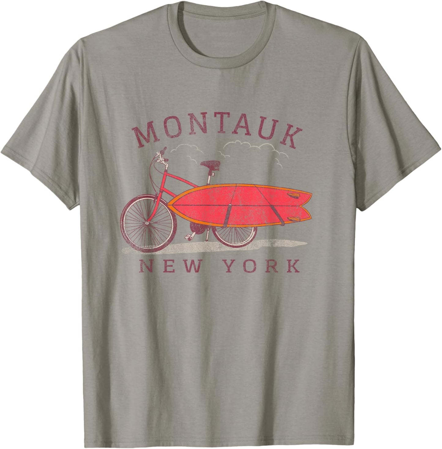 Retro Montauk New York NY Surfing Fan Surfboard Bicycle Art T-Shirt - T-Shirt | Sand