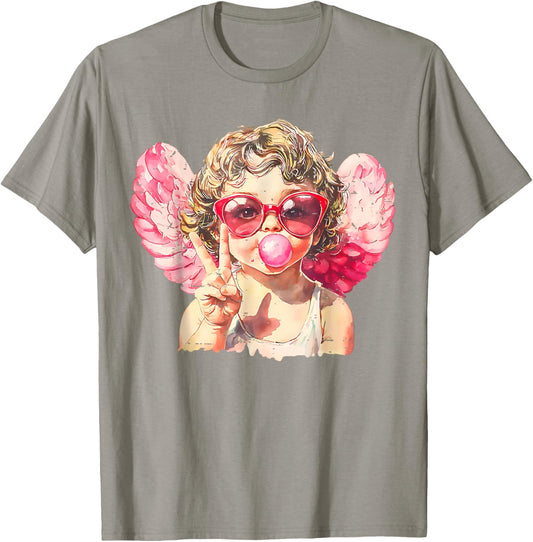Cute Cupid Sunglasses Blowing Bubble Valentines Day Retro T-Shirt - T-Shirt | Sand