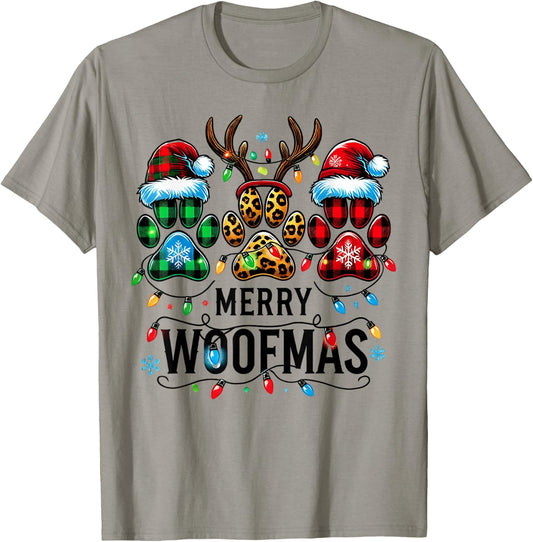 Merry Woofmas Christmas Dog Paws Lights Buffalo Plaid Women T-Shirt - T-Shirt | Sand