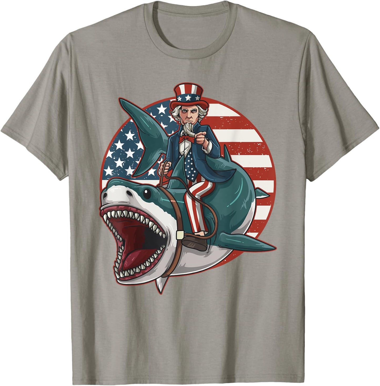 Uncle Sam Riding Great White Shark 4th of July Light T-Shirt - T-Shirt | Sand