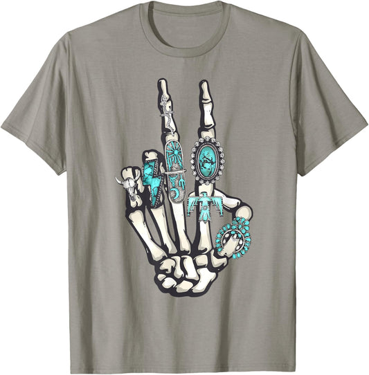 Western Turquoise Rings Skeleton Hands Cowgirl T-Shirt - T-Shirt | Sand
